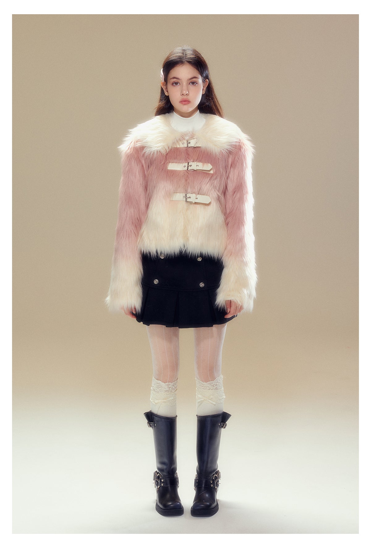 Short Length Gradient Leather Buckle Fur Jacket