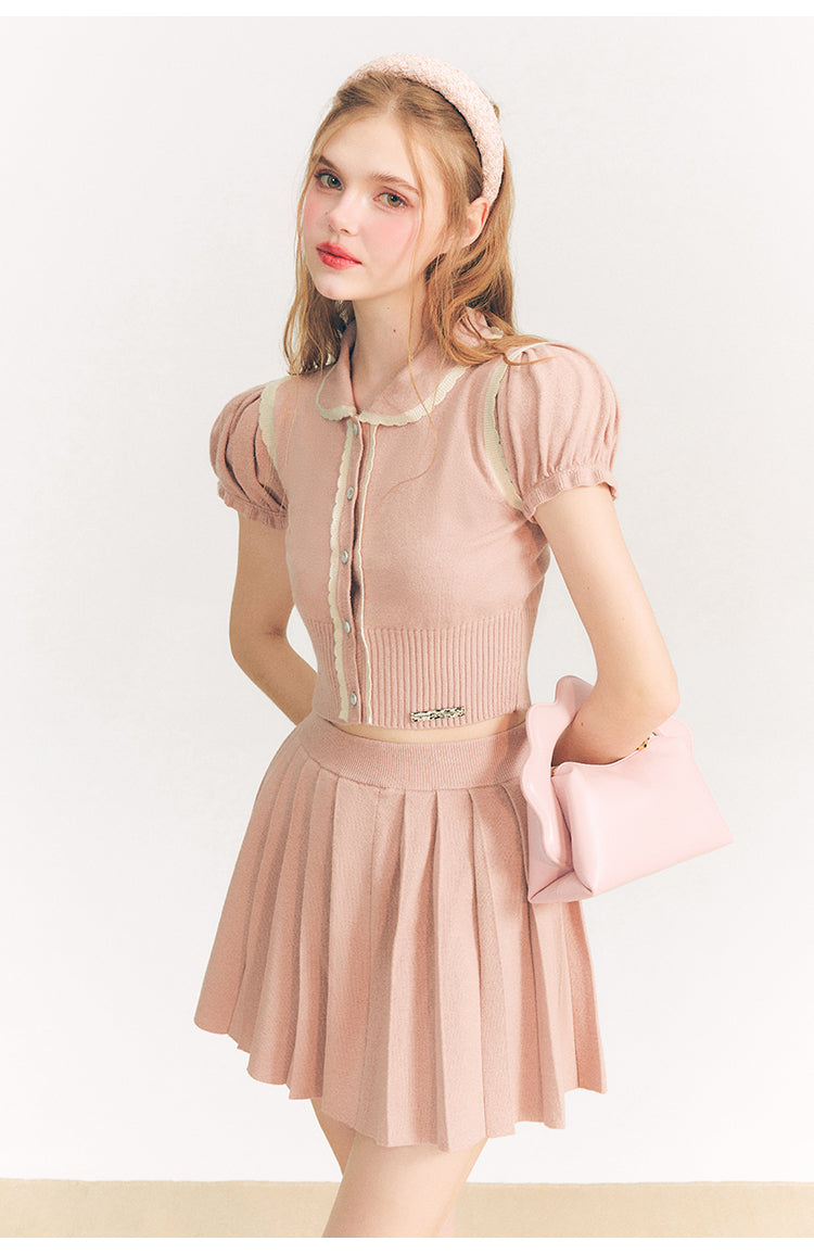 Puff Sleeve Short Length Knit & Pleated Short Length Skirt Setup