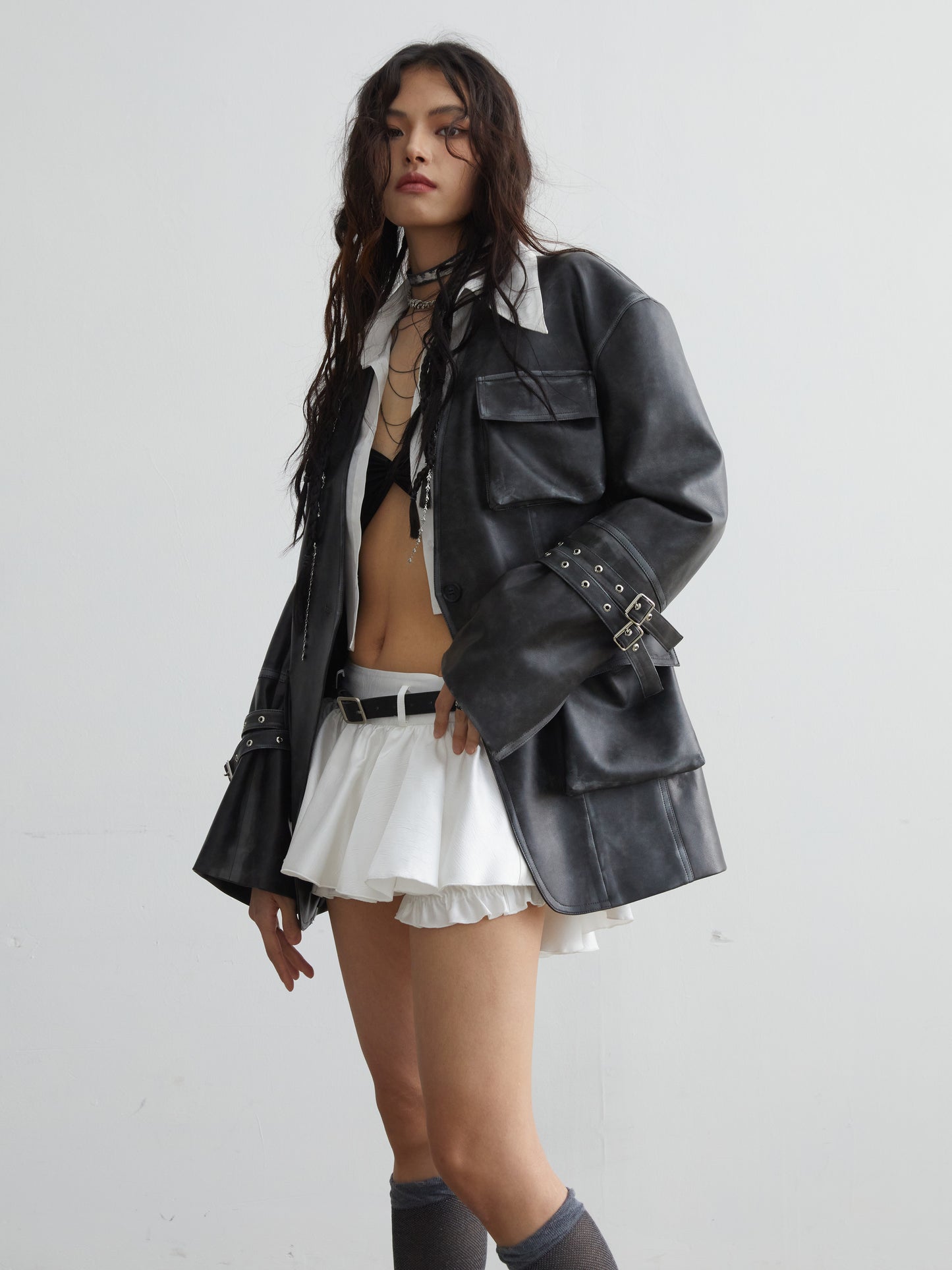 Belt Decoration Anti-exposure Frill Miniskirt