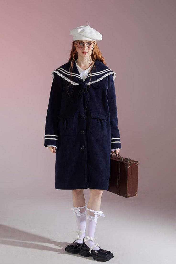 Original design college style navy mid-length wool coat