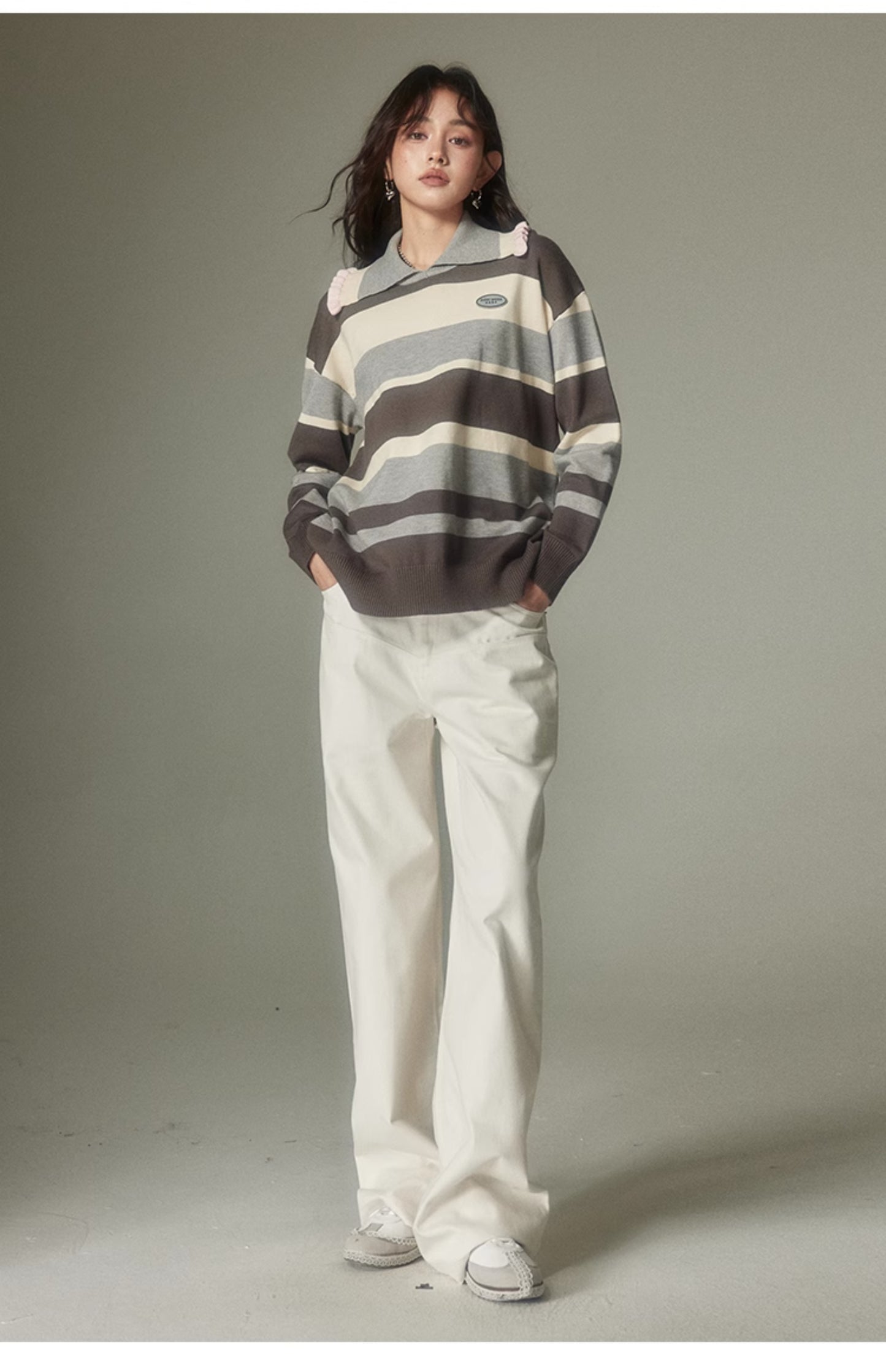 Retro contrast stripe polo sweatshirt