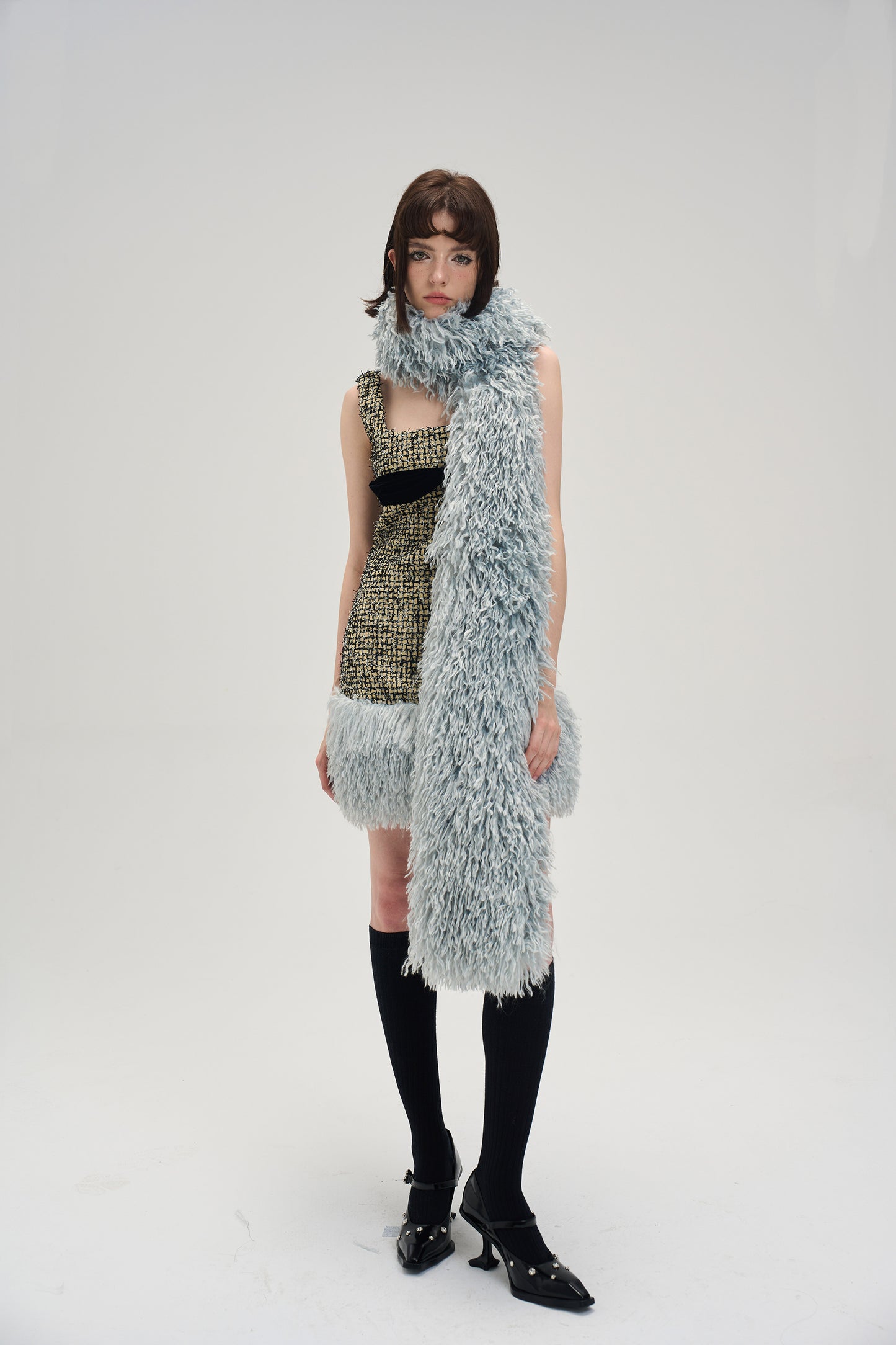 Square Neck Short Length Ribbon Tweed Fur Dress