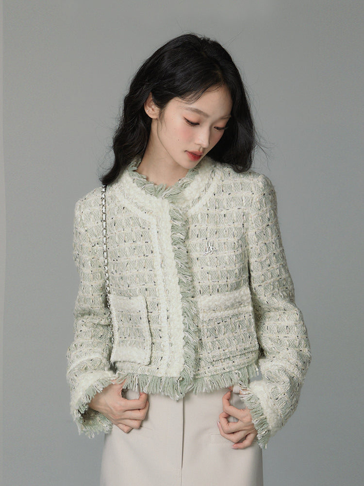 Top round collar green short coat