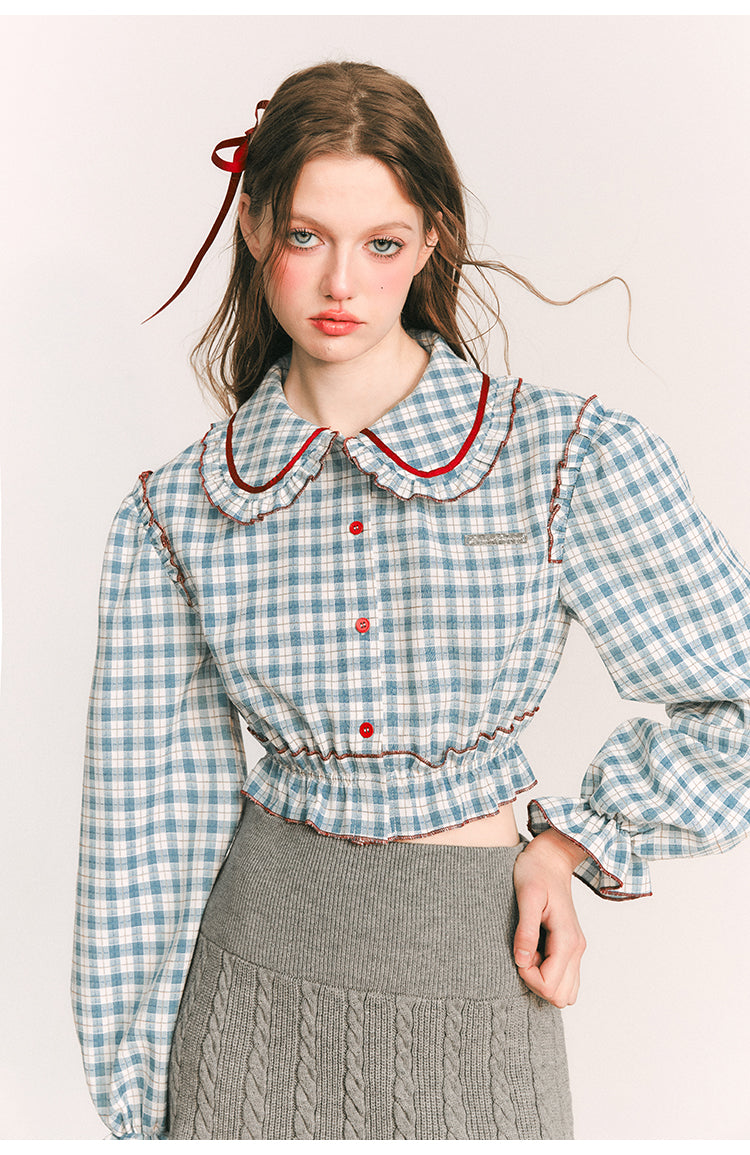 Cropped checkered puffy sleeve blouse