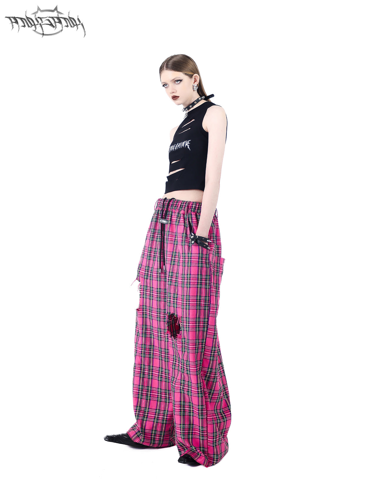 Loose Straight Damaged Plaid Casual Pants