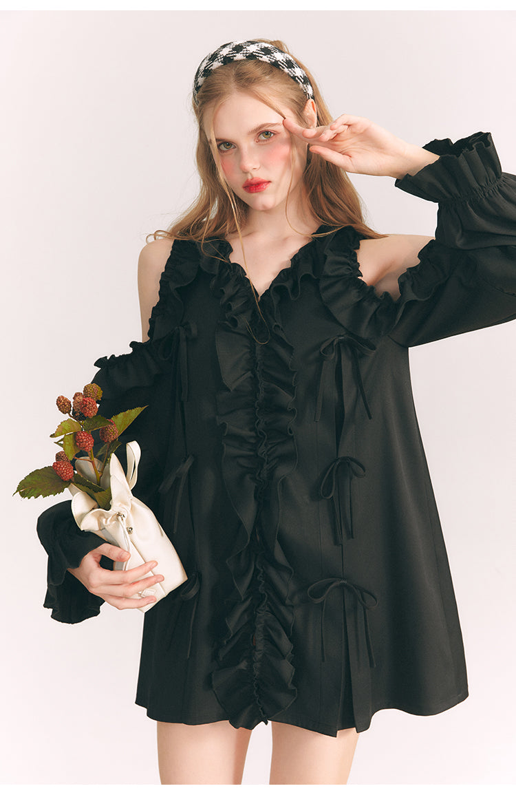 Off-the-shoulder Frilled V-neck Shirt Dress