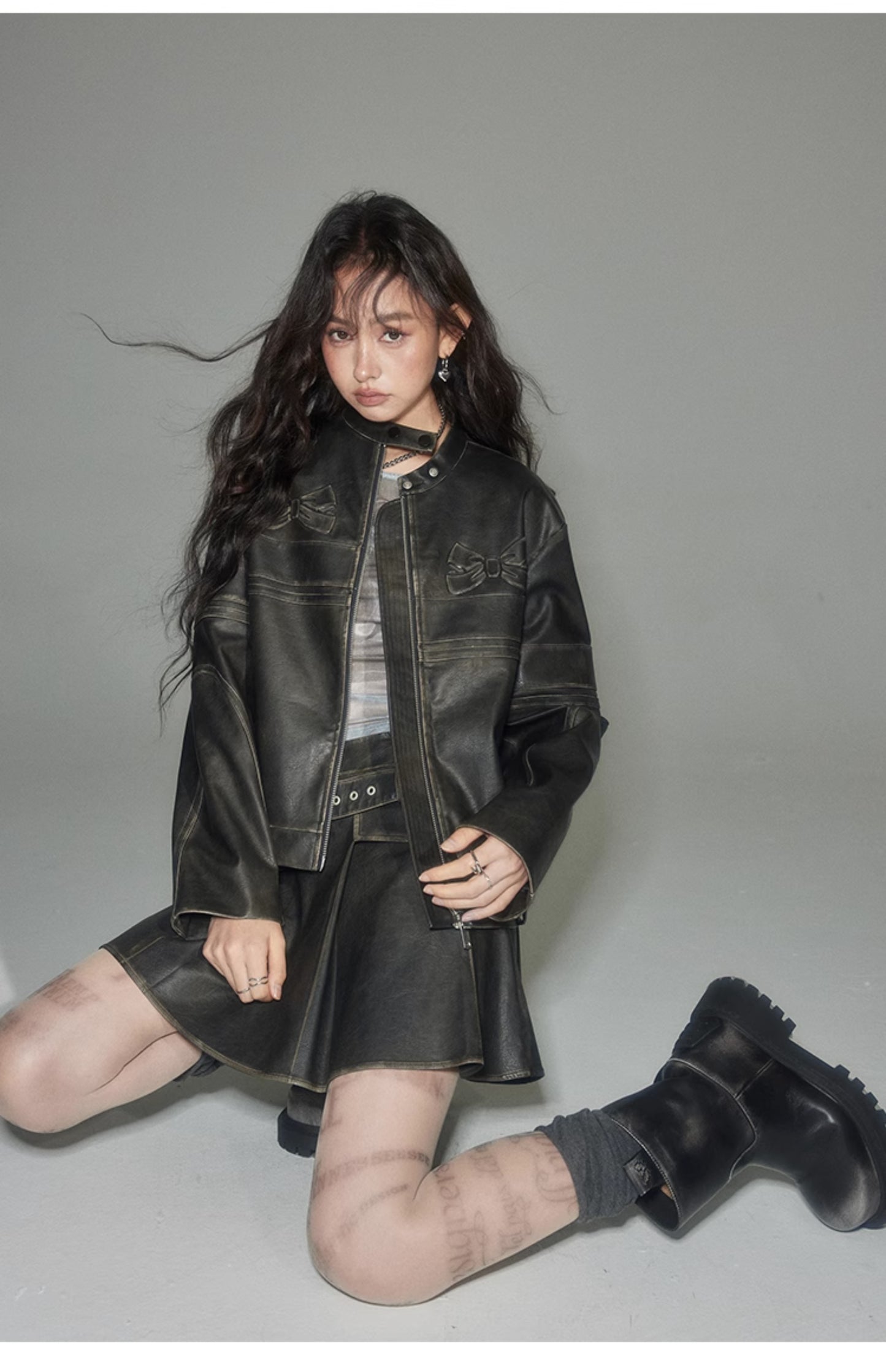 Retro ribbon design leather jacket