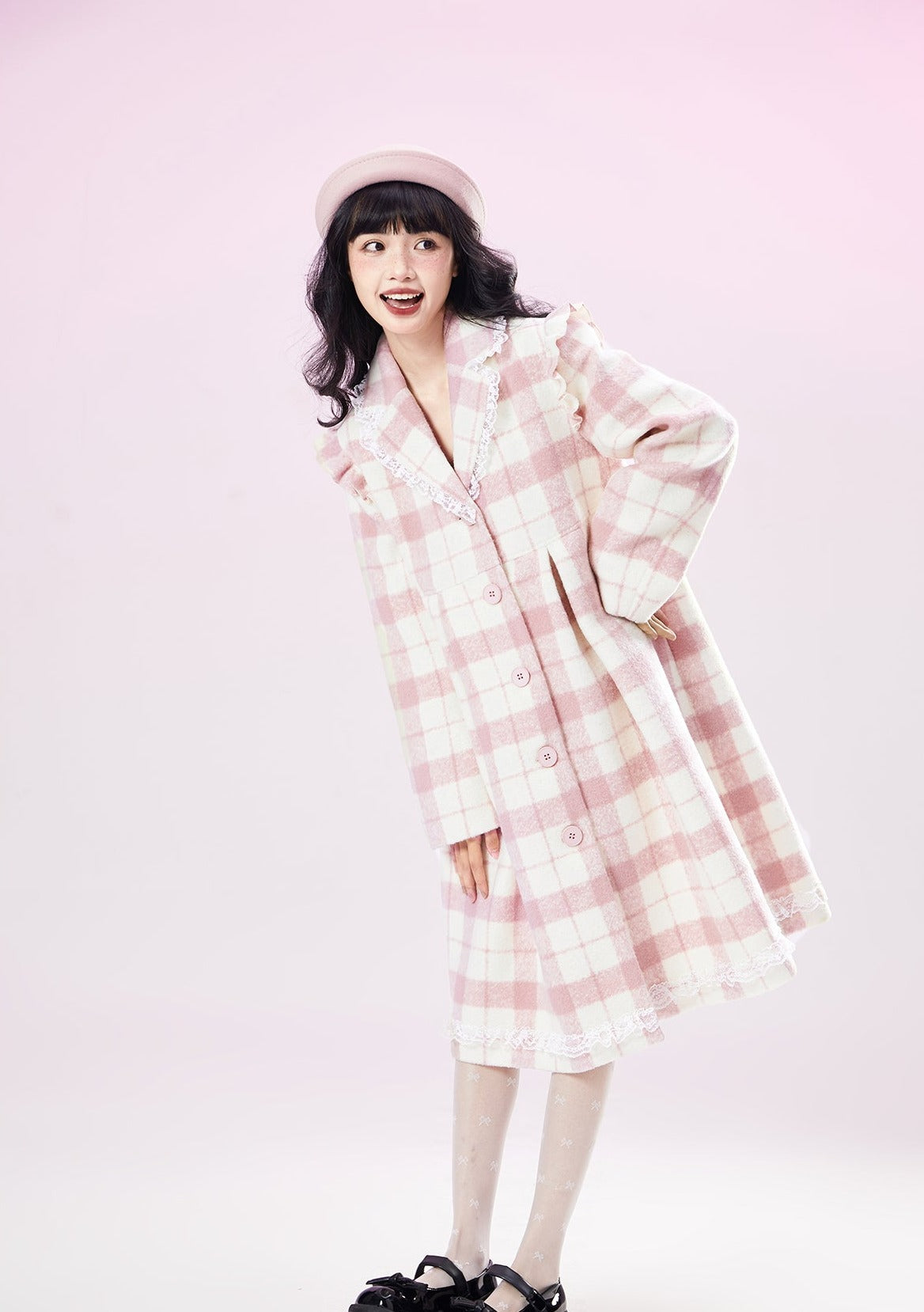 Original Design pink checked wool coat ladies