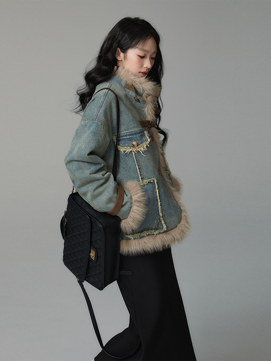 retro fur stitch denim coat