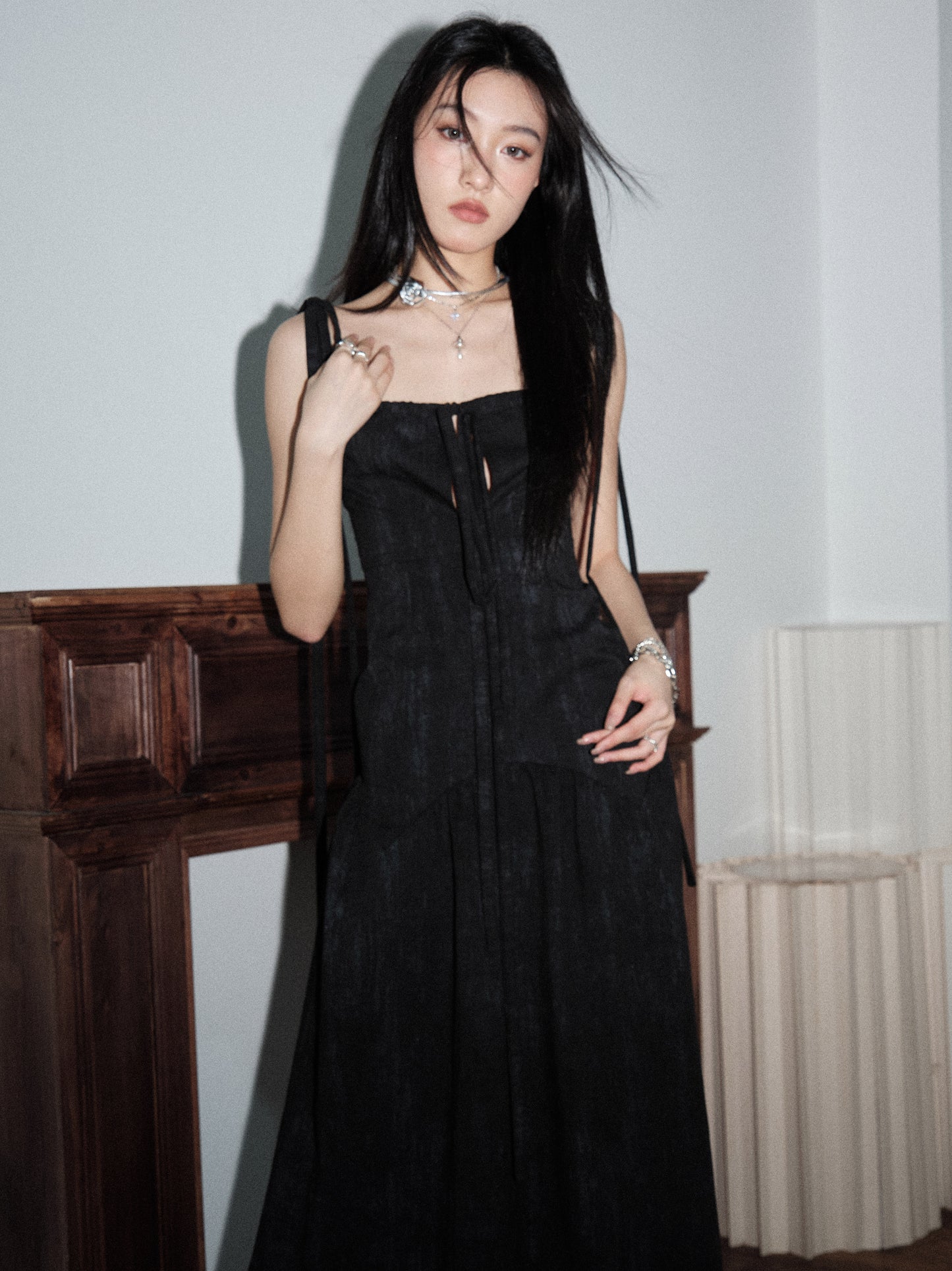 Hollow Lace-Up Extra Long Dress