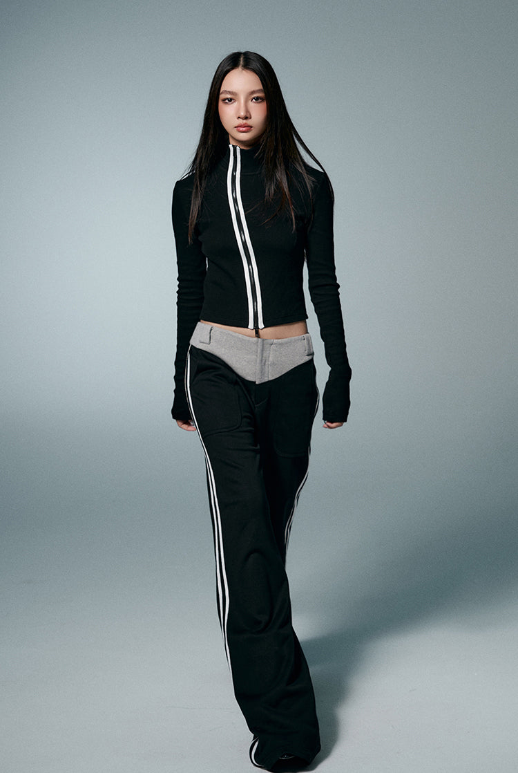 Zip Tight Fit Knit Top&Loose Straight Sideline Sports Pants Setup