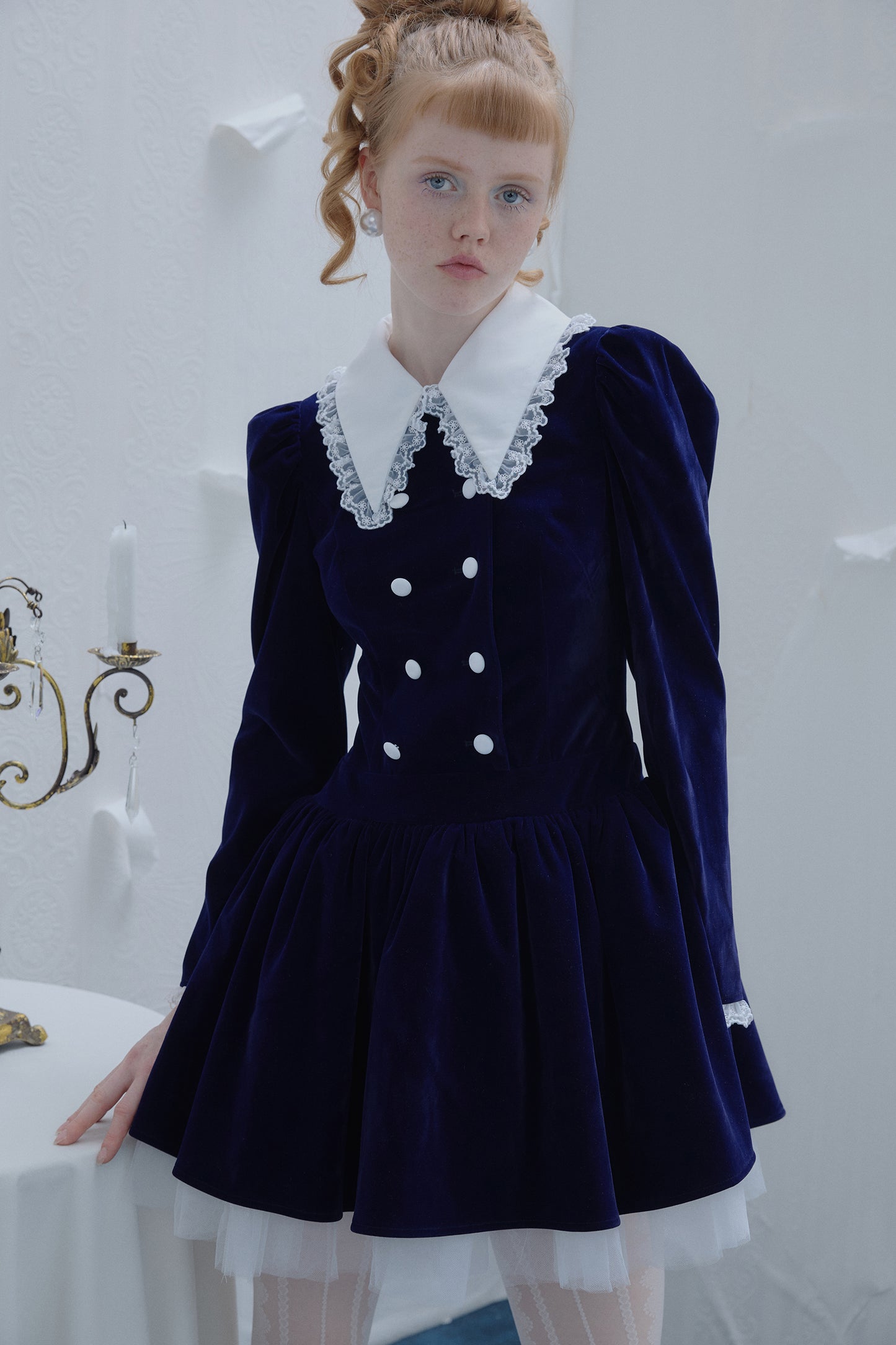 Blue Velvet White Mesh Double Breasted Puff Sleeves Tie Waist Dress