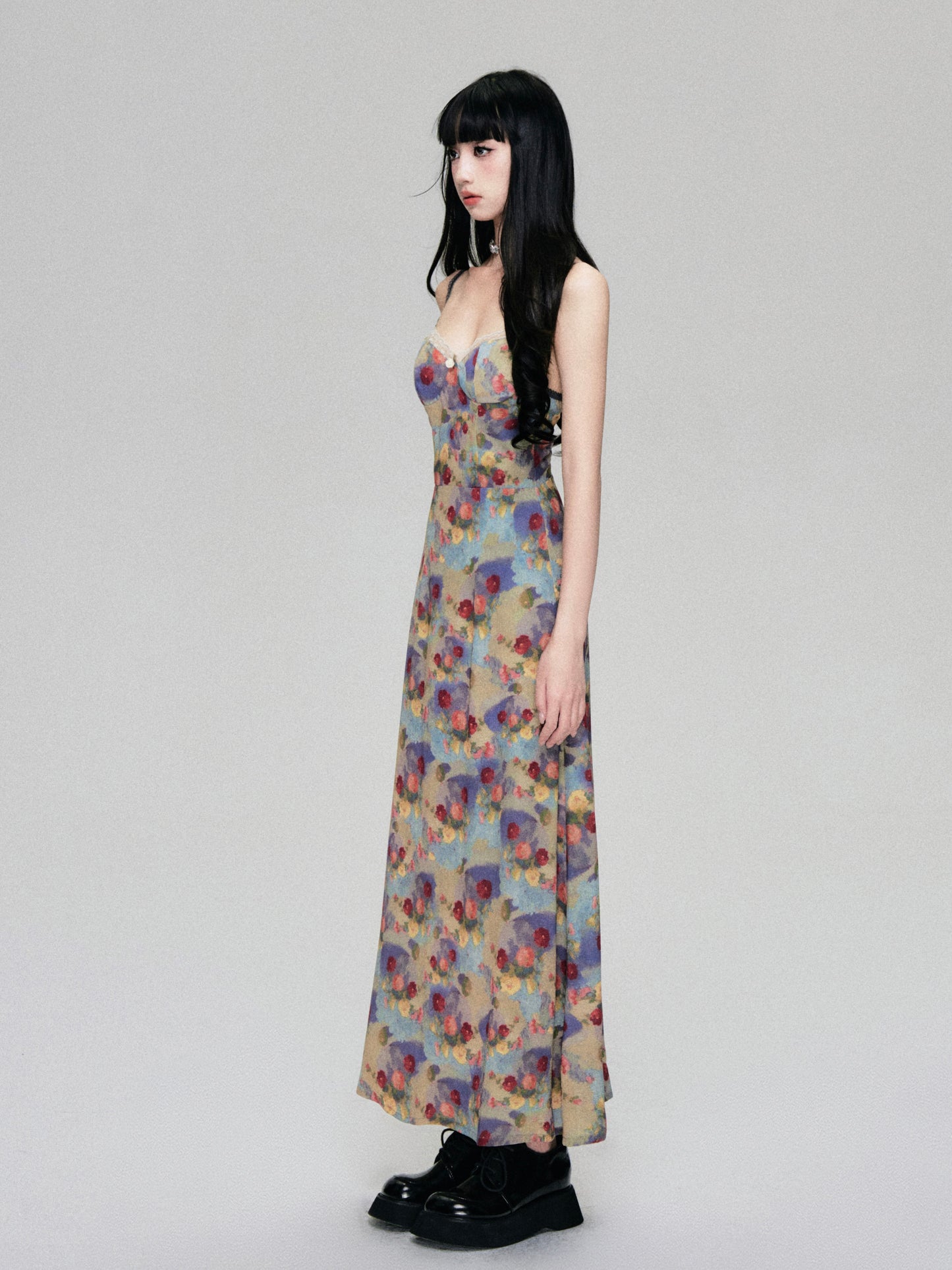 French Retro Stain Floral Suspender Dress