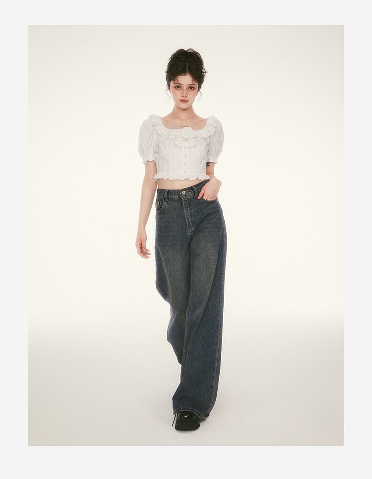 Retro wash wide leg pants casual loose jeans