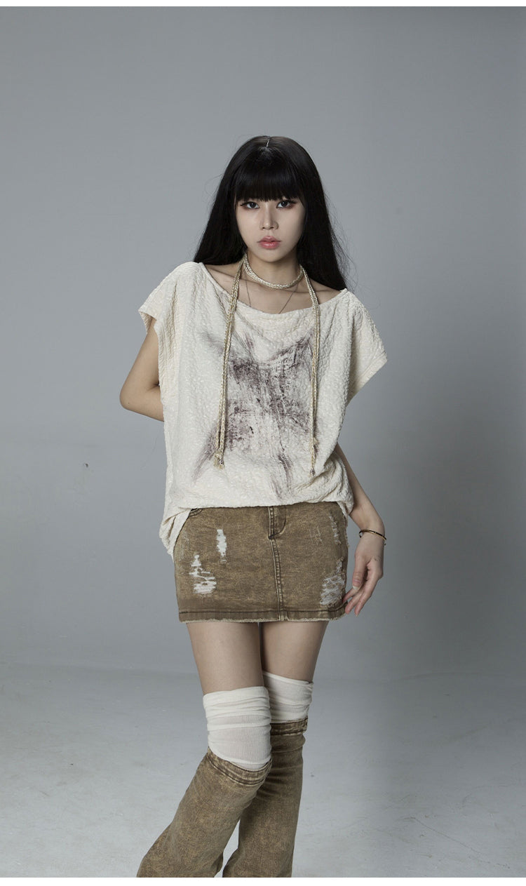 Irregular Design Beige Denim Skirt & Leg Calf