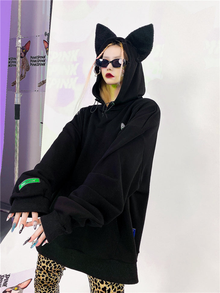 Loose Fit Cat Ear Simple Hoodie