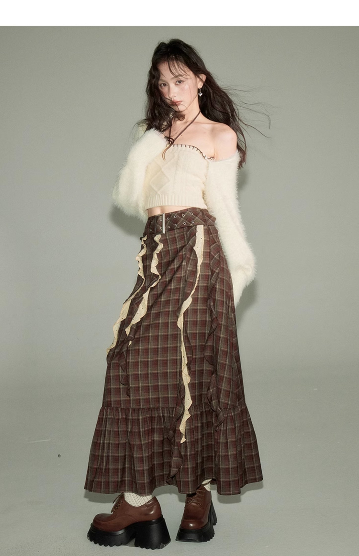 Irregular Design Plaid Long Length Skirt