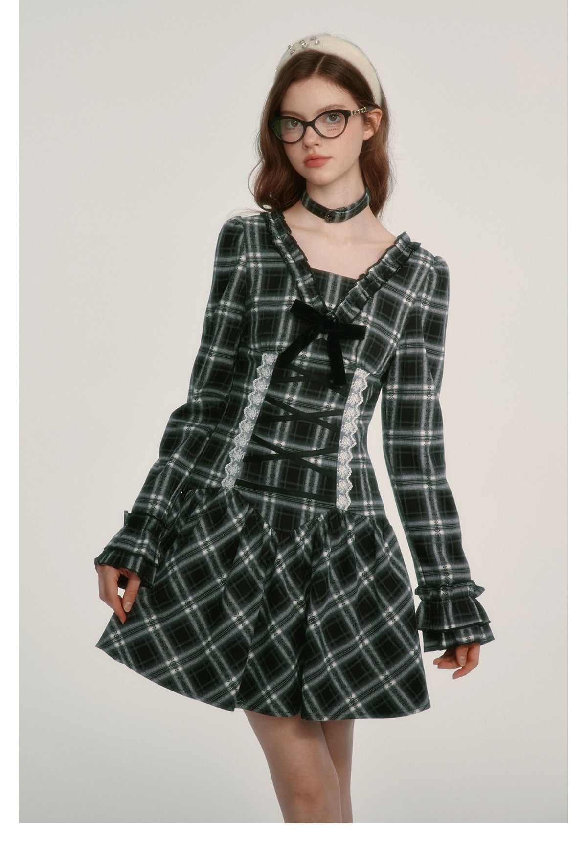 Plaid V-neck Waist Dress