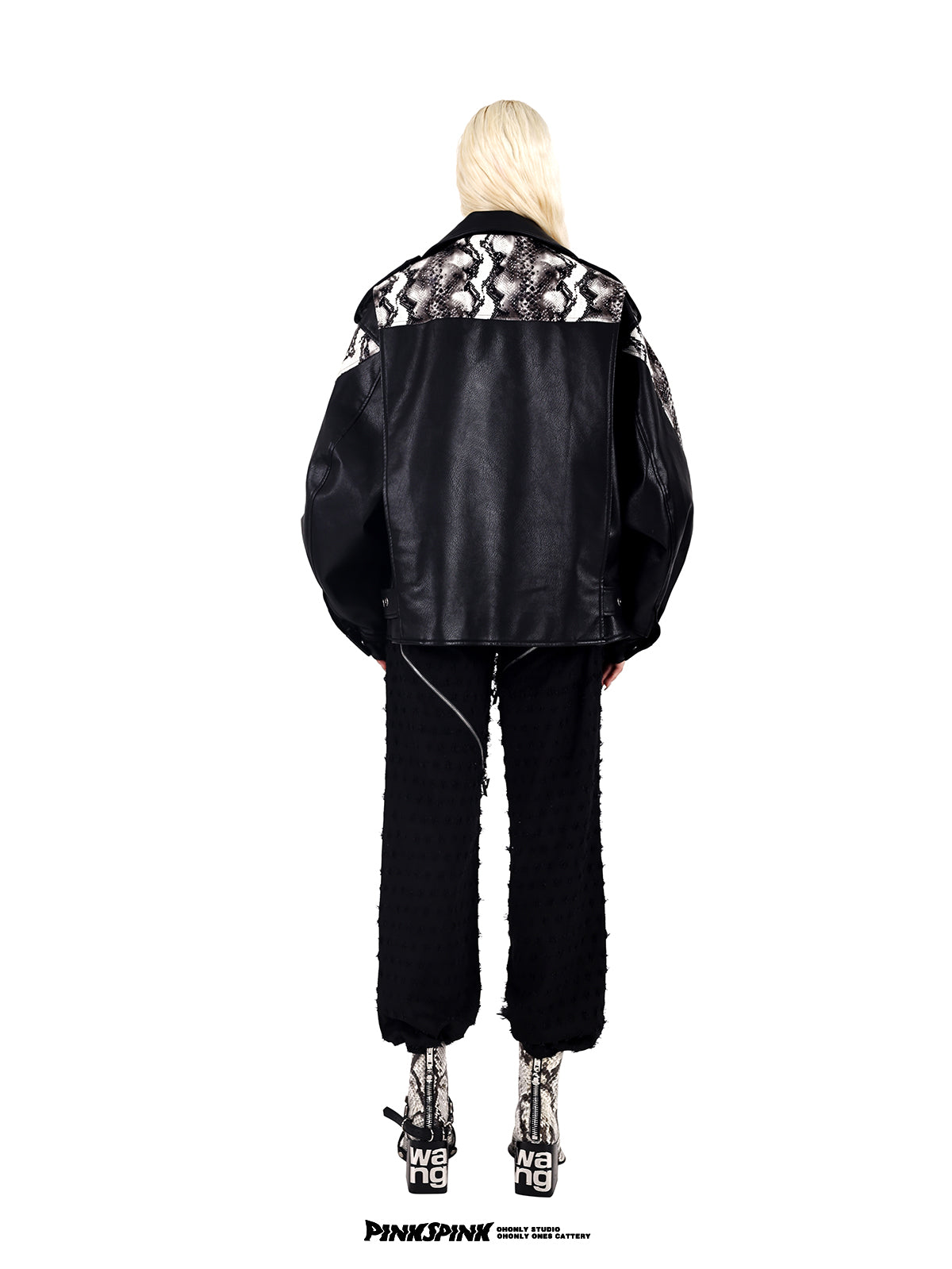 Loose Fit Snake Pattern Drop Shoulder Leather Jacket