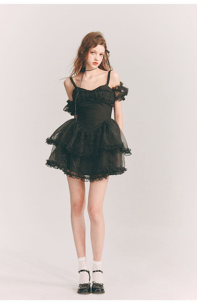 Frill Suspender Puff Skirt Short Dress