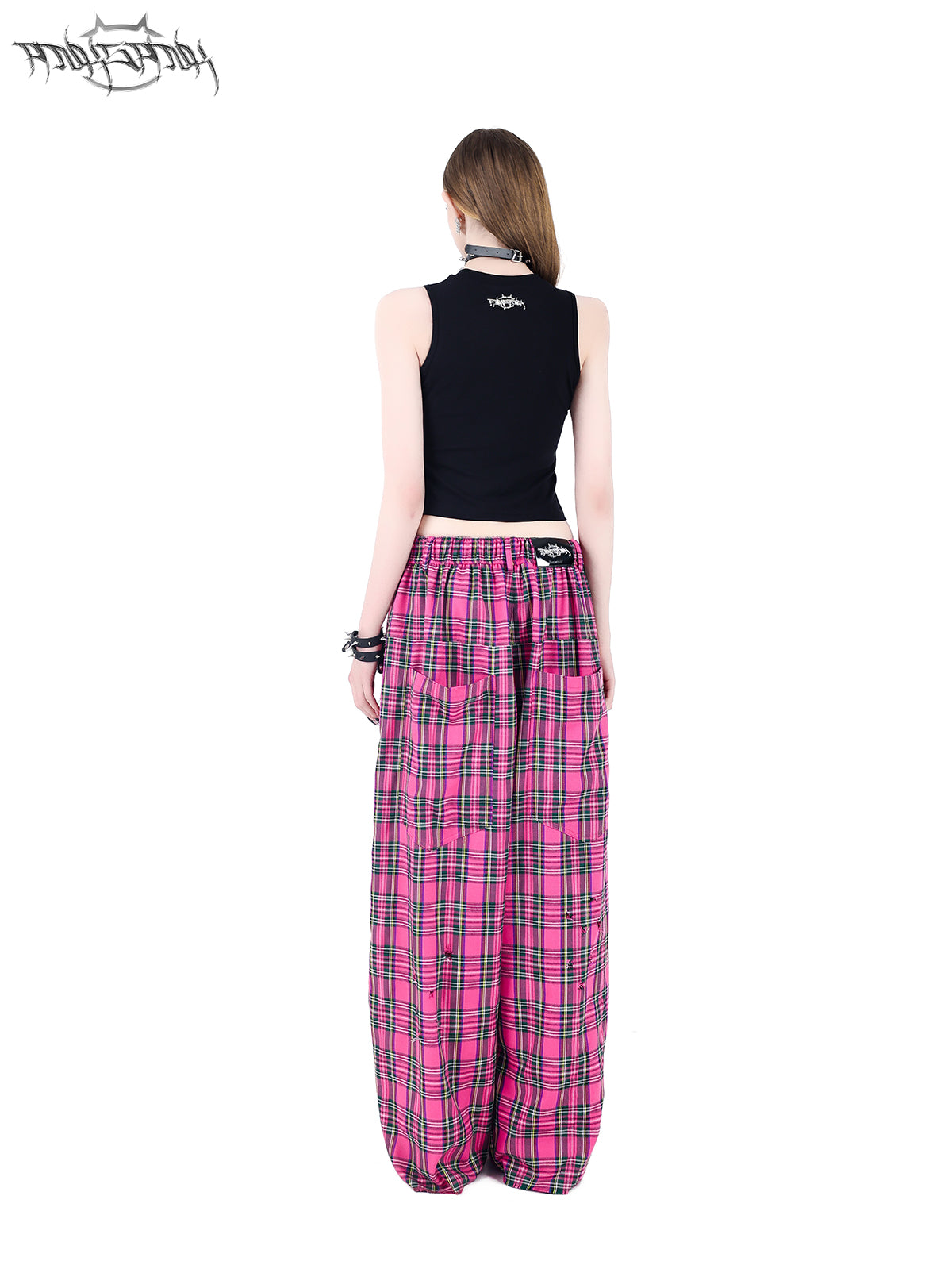 Loose Straight Damaged Plaid Casual Pants