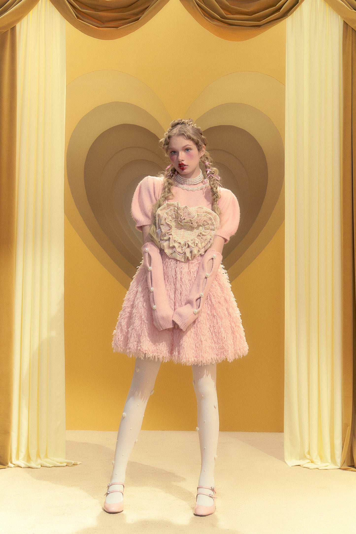 Pink Tweed Layered Love Pearl Embellished Fur High Waist Suspender Skirt