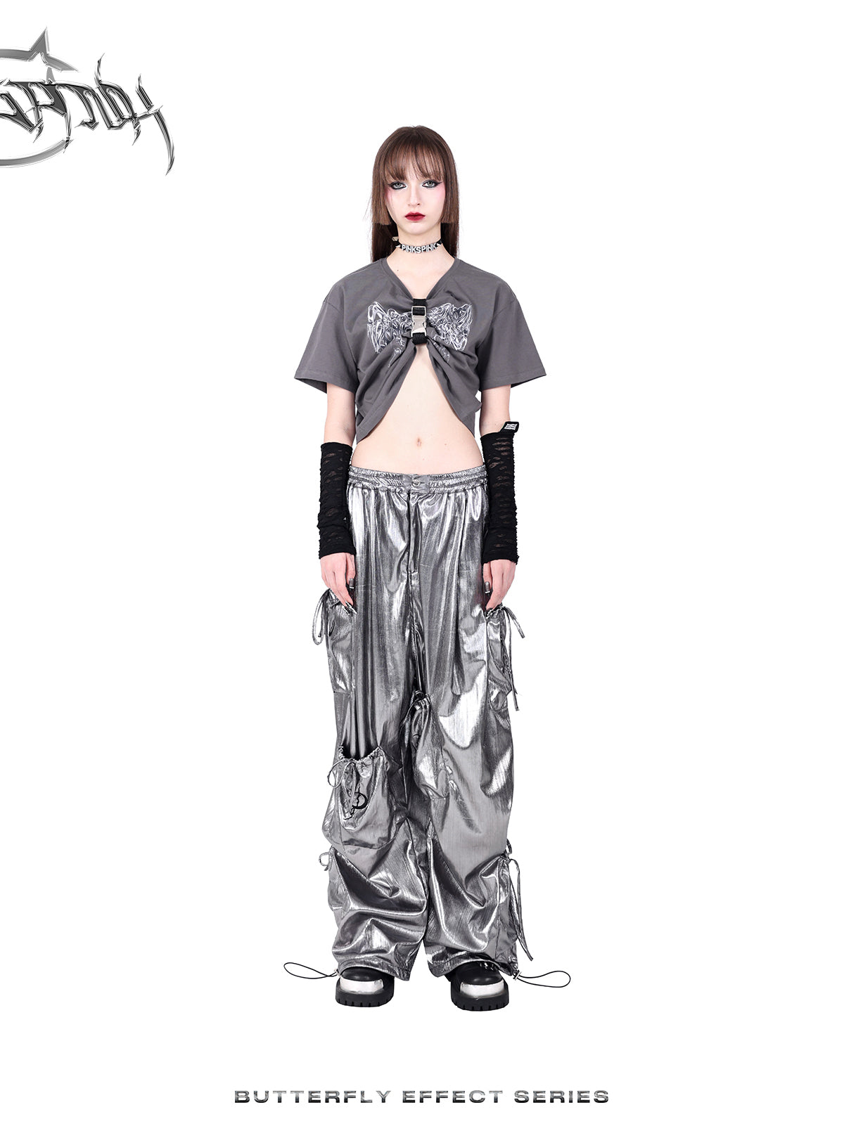 Wide-leg multi-pocket shiny cargo pants