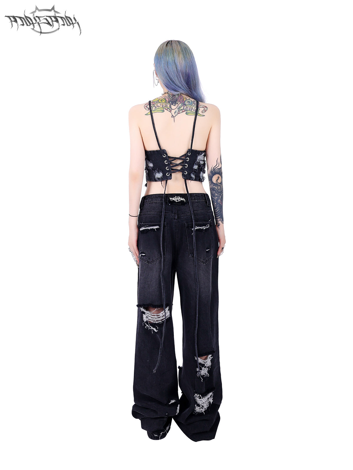 Wide Leg Irregular Damaged Denim Pants