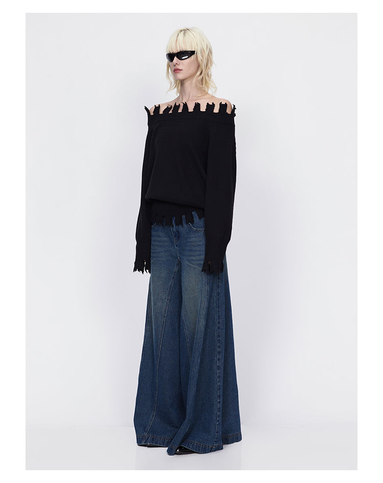 Oversized wide leg washed retro glare denim pants