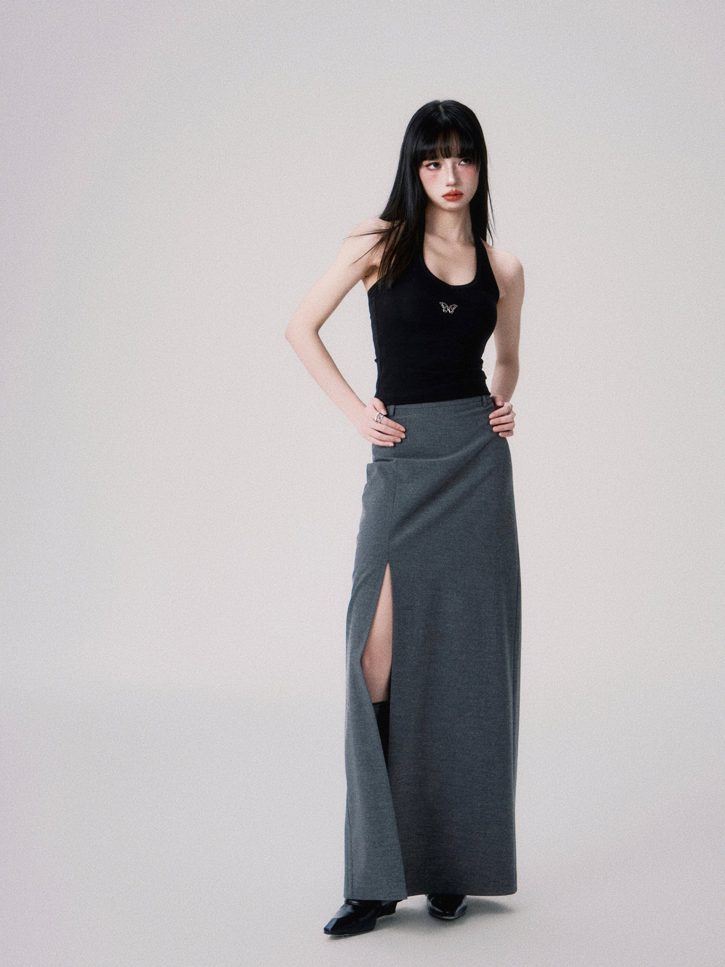 Slim straight mid-waist slit long skirt