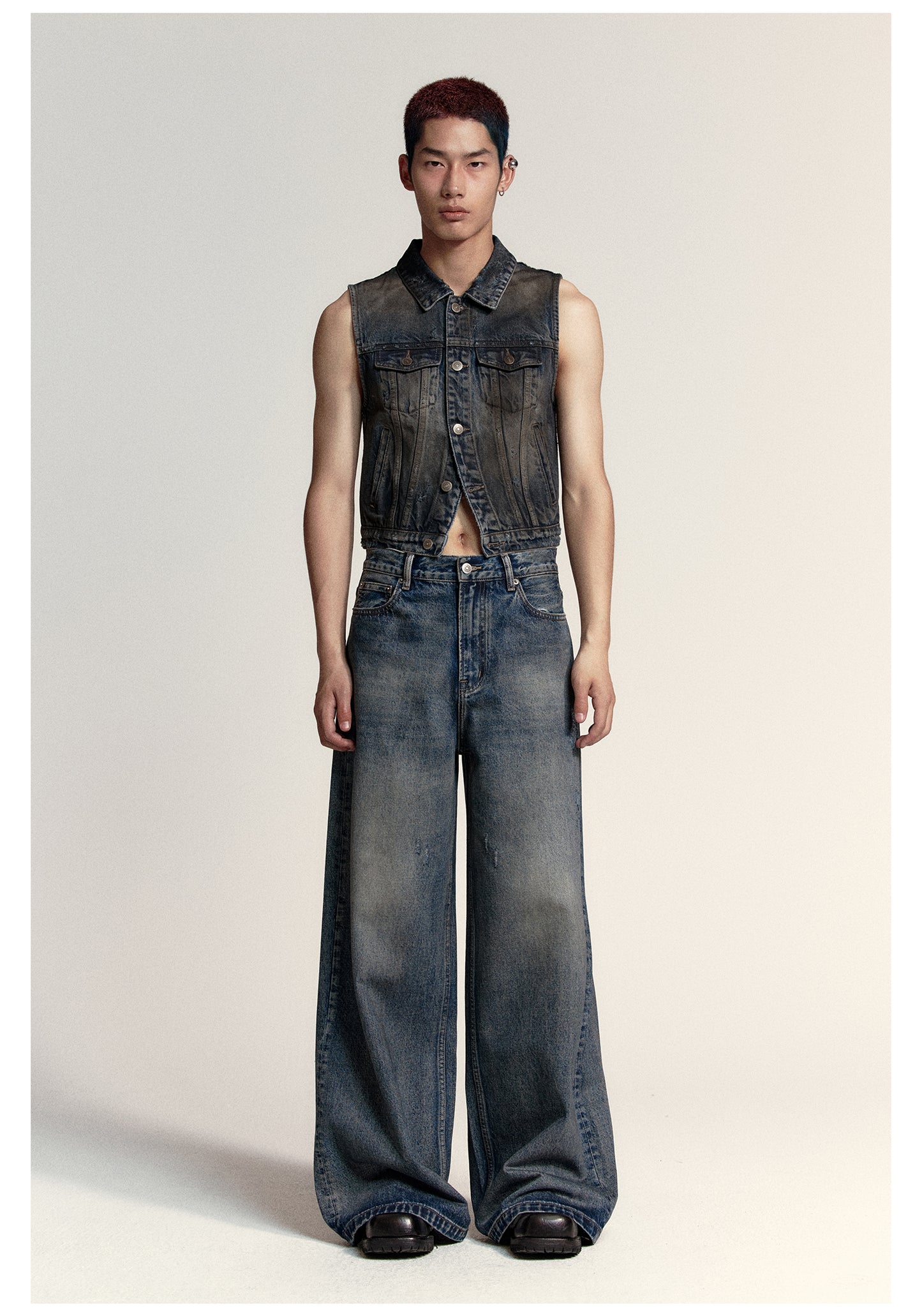 Wide straight washed retro denim pants