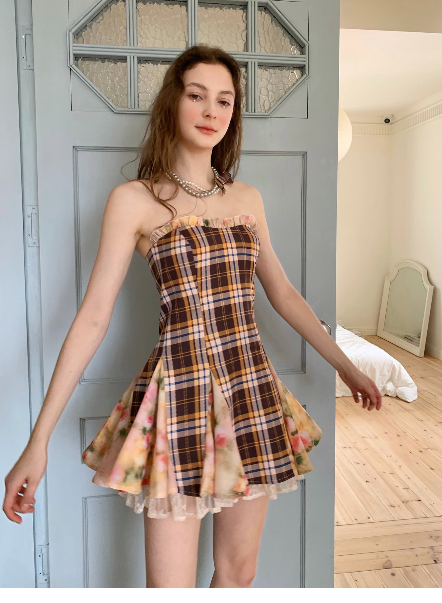 Original Checked Splicing Floral Dress