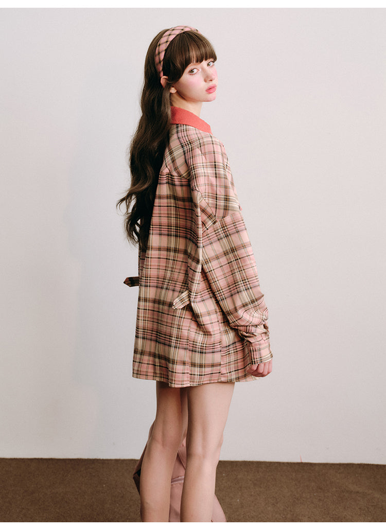 Loose Fit Plaid Shirt Jacket &amp; Pleated Skirt Set-Up