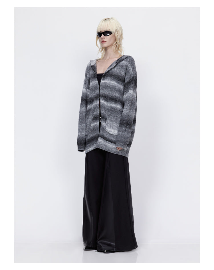 wool striped knit hood cardigan