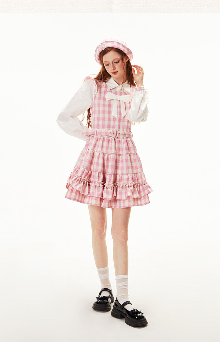 Original Pink Long Sleeve Fall High End Sweet Splicing Plaid Dress