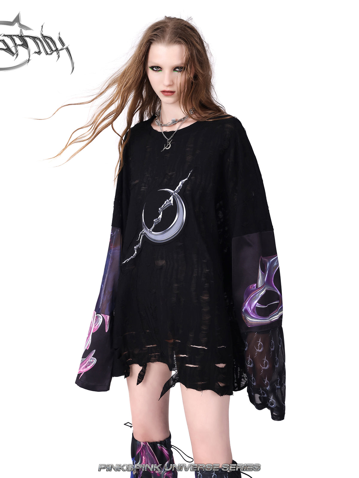 Printed Reconstructed Mesh Long Sleeve T-Shirt