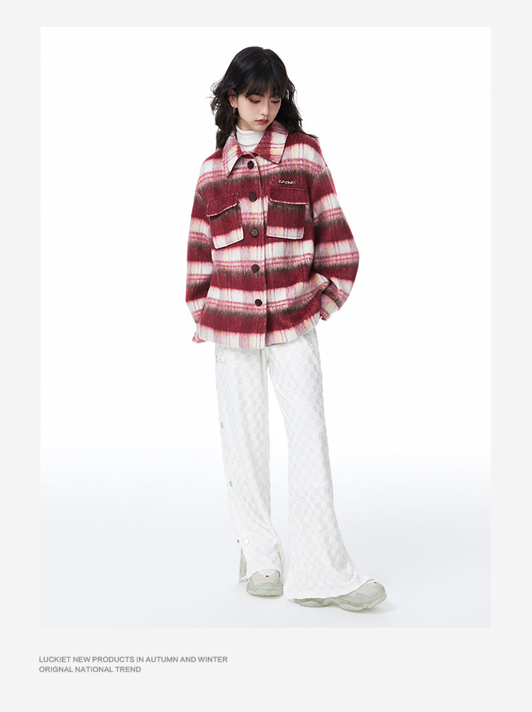 Red Striped Shirt Ledge Style Wool Jacket