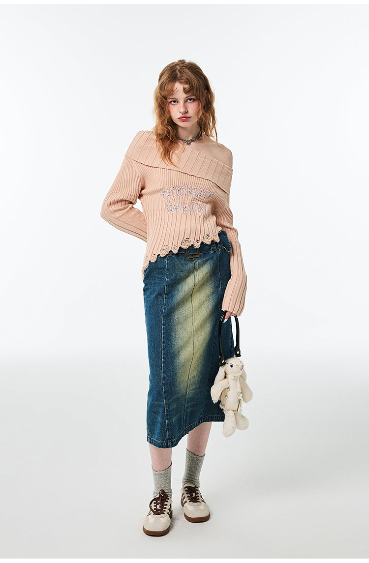 Hip Hugging High Waist Mid Length Denim Skirt