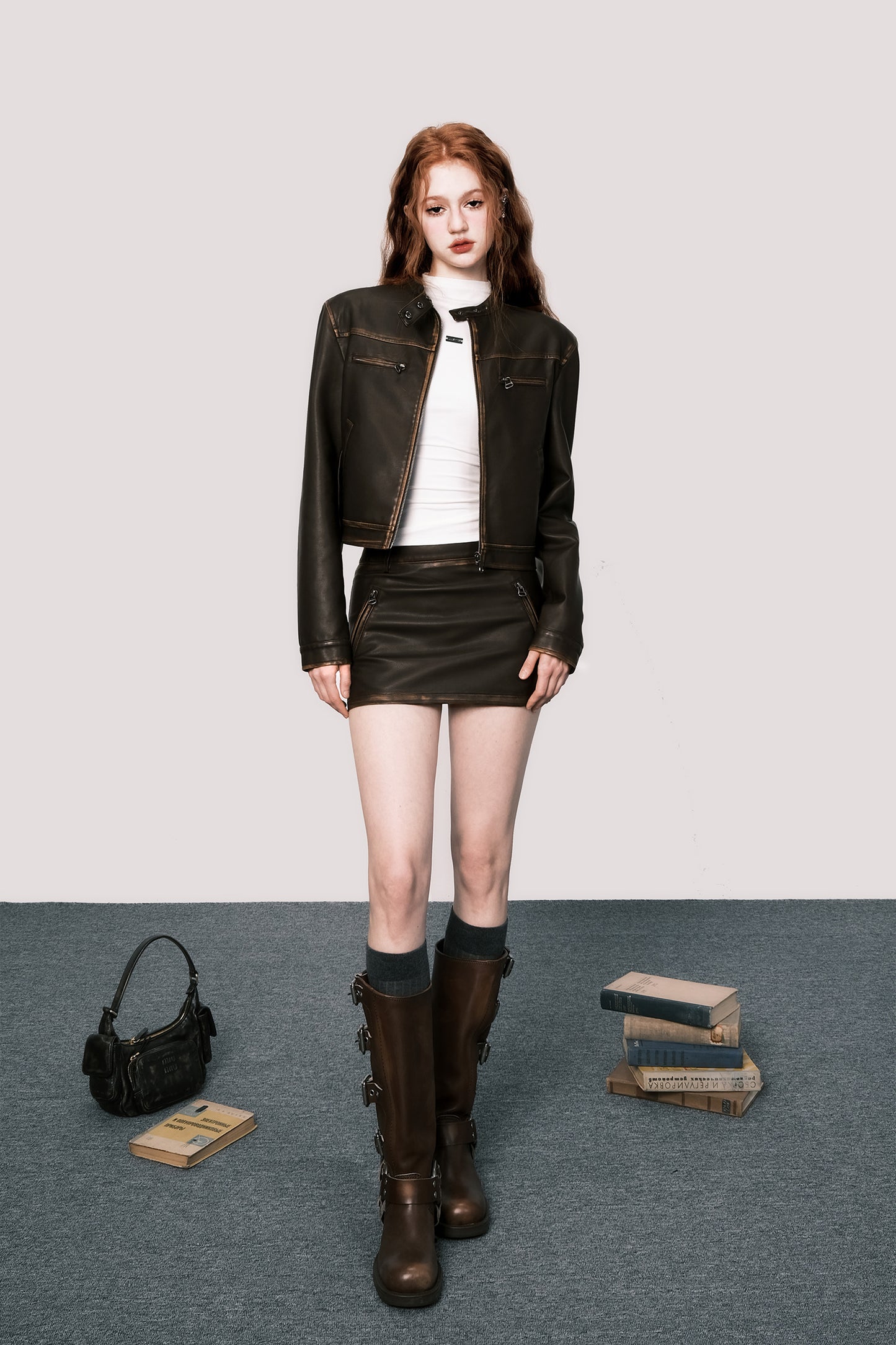 Retro Used Short Length Leather Jacket & Short Leather Skirt Setup