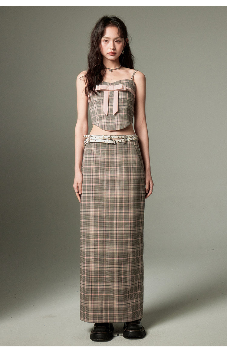 Plaid ribbon tube top &amp; a-line long length skirt set-up