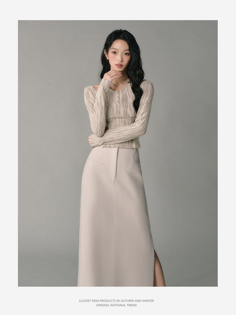 French Apricot High Waist Slim Straight Skirt