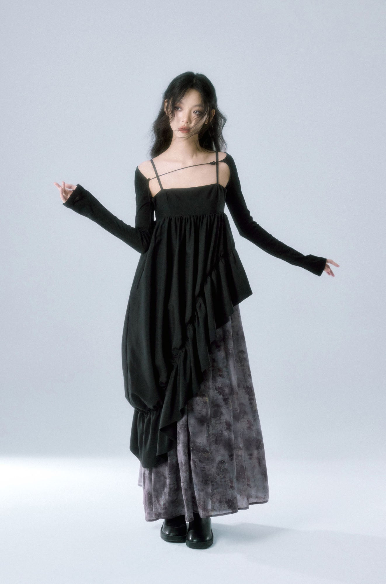 Contrast Ruffle Patchwork Suspender Drape Dress