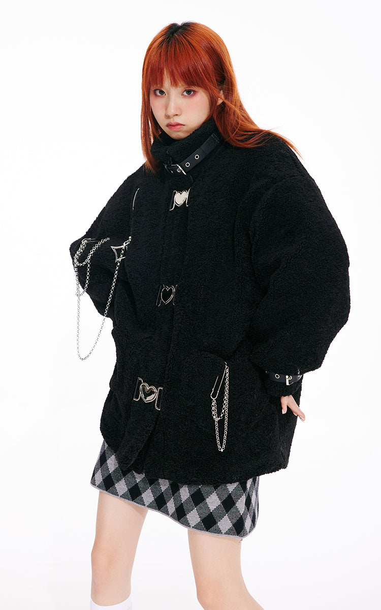 Thick heart button fur coat jacket