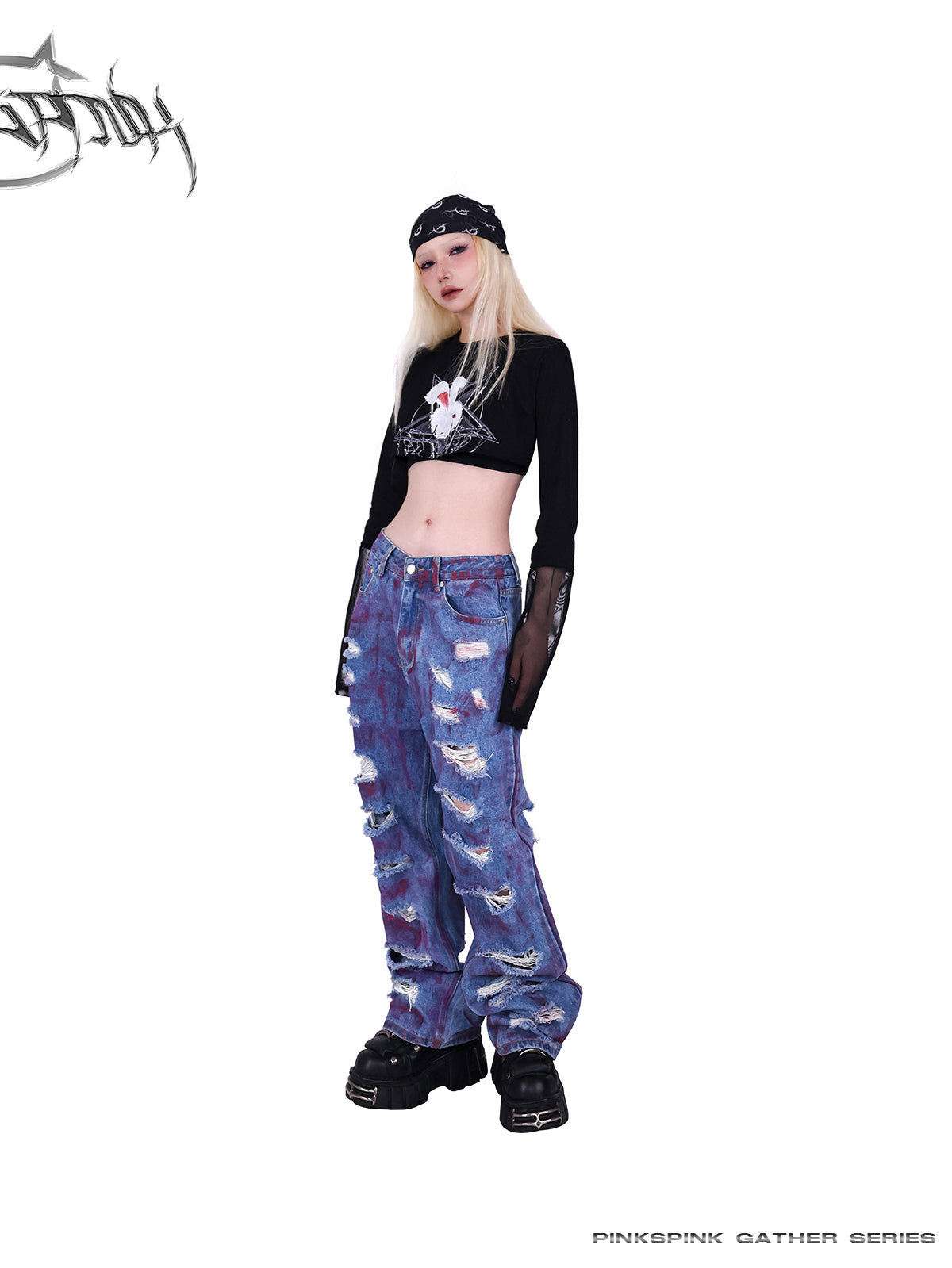 Loose Straight Graffiti Damaged Denim Pants