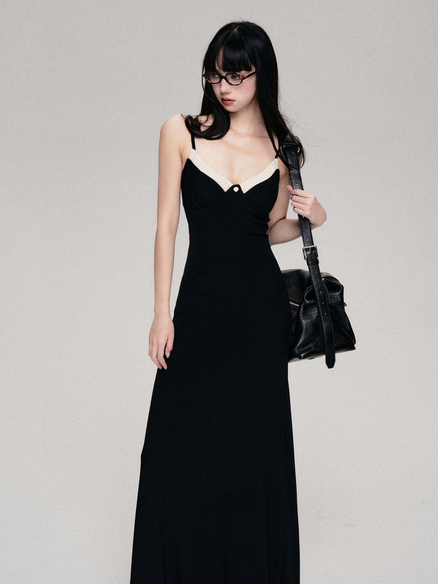 Splicing Stretch Mesh V-Neck Suspender Dress