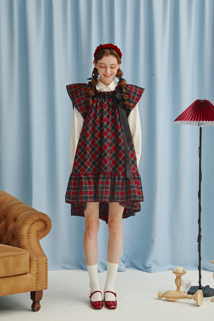 Plaid Neck Ribbon A-line Dress