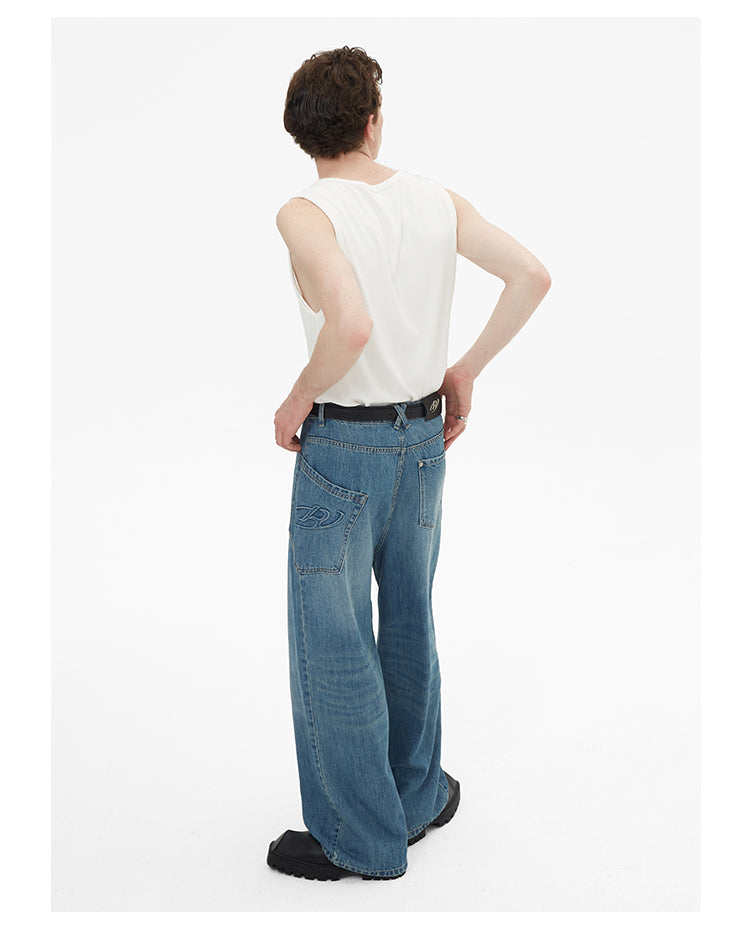 Wide leg irregular pocket washed denim pants