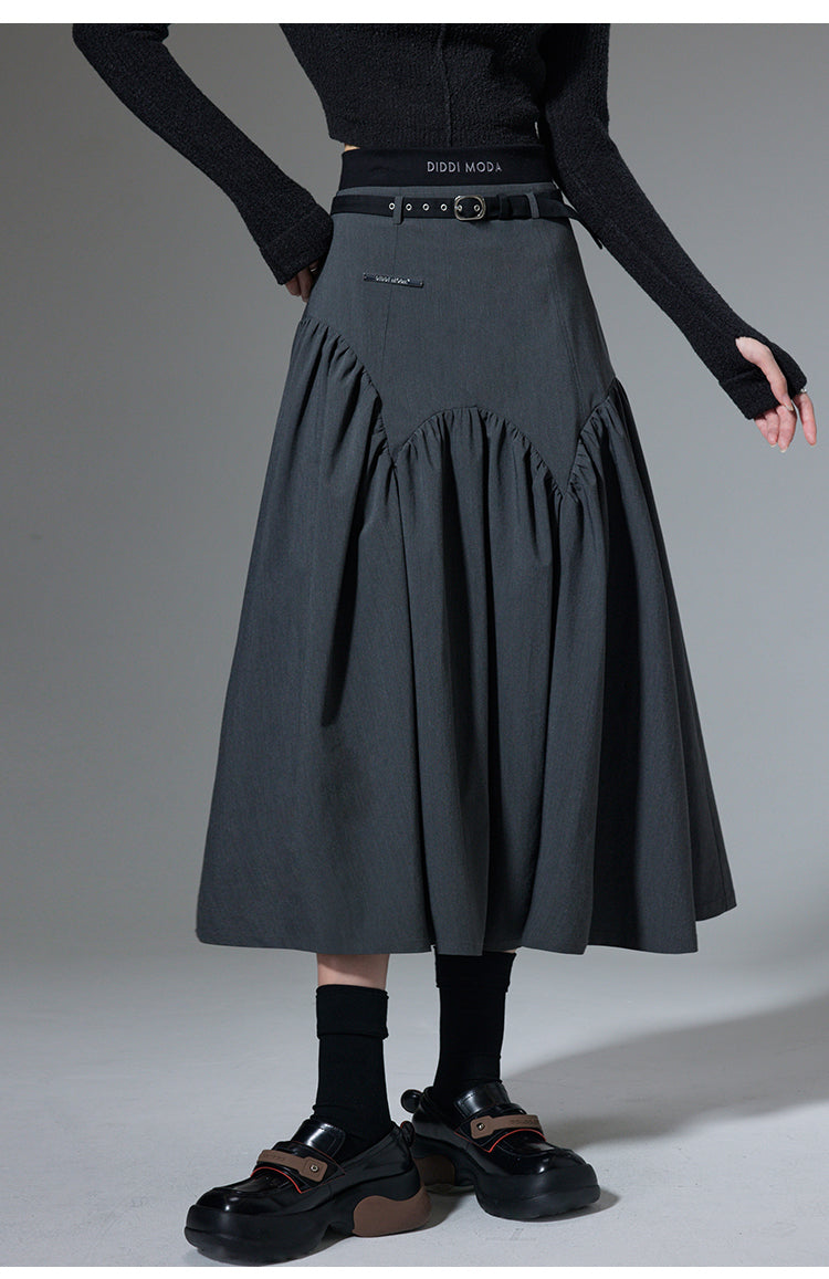 High Waist Stitch Pleated A-Line Long Skirt