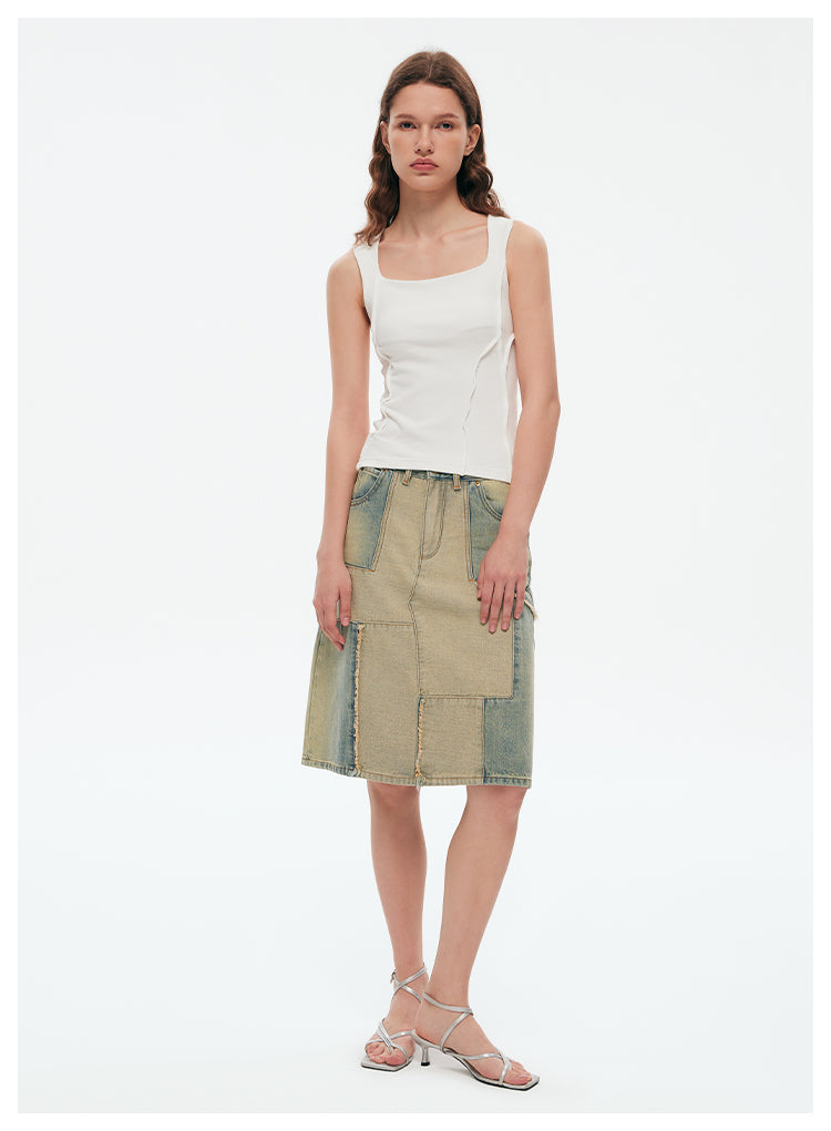 Reconstructed Retro Washed Slim A-Line Skirt