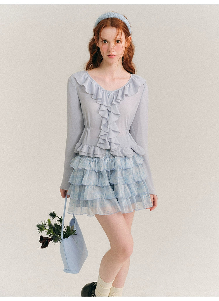 Sea Blue Broken Ruffle French Shirt Top